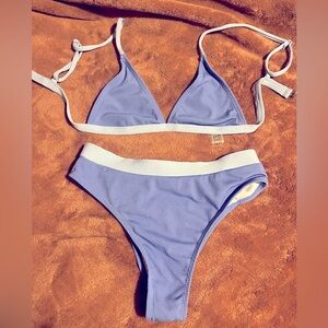 Blue Triangle Bikini Set with Light Blue Trim Ribbed Texture Unlined Periwinkle